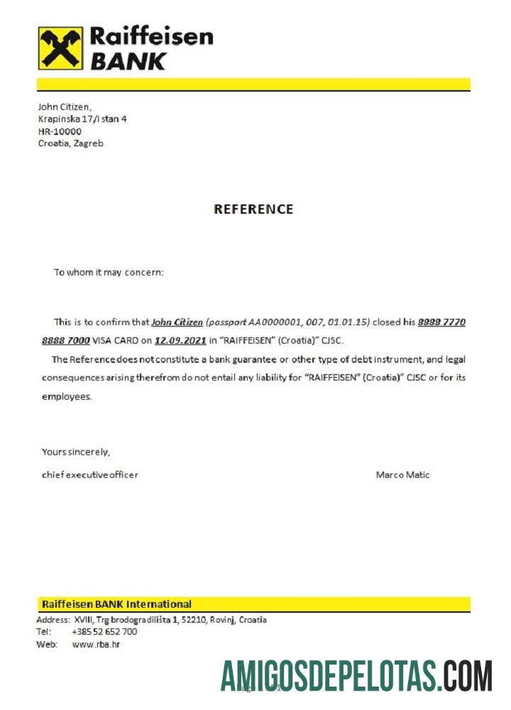 Referência de fechamento do Banco Raiffeisen da Croácia amostra